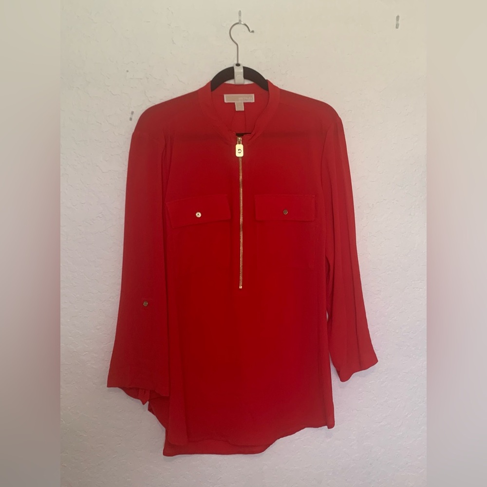 Michael Kors Red Asymmetrical Blouse with Mandarin Collar